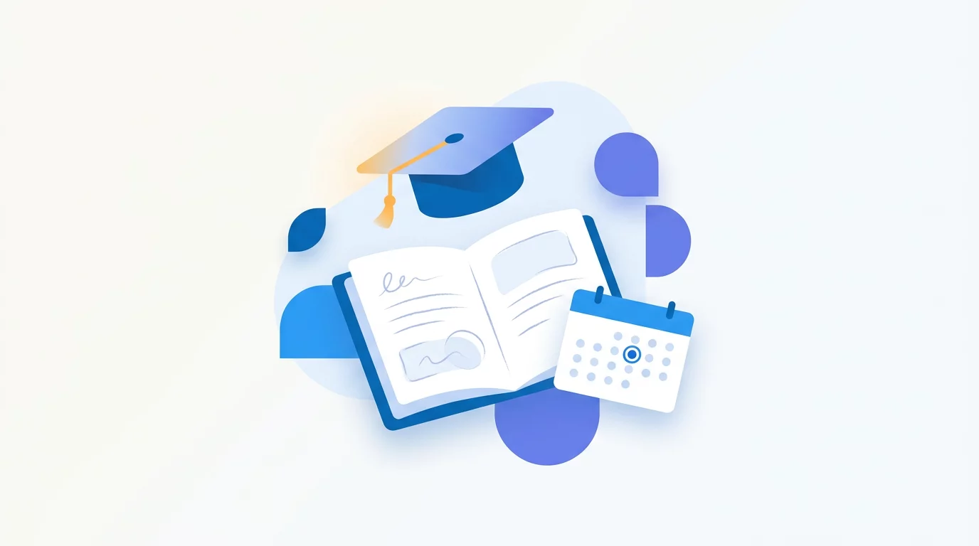 Illustration: graduation cap and study notes